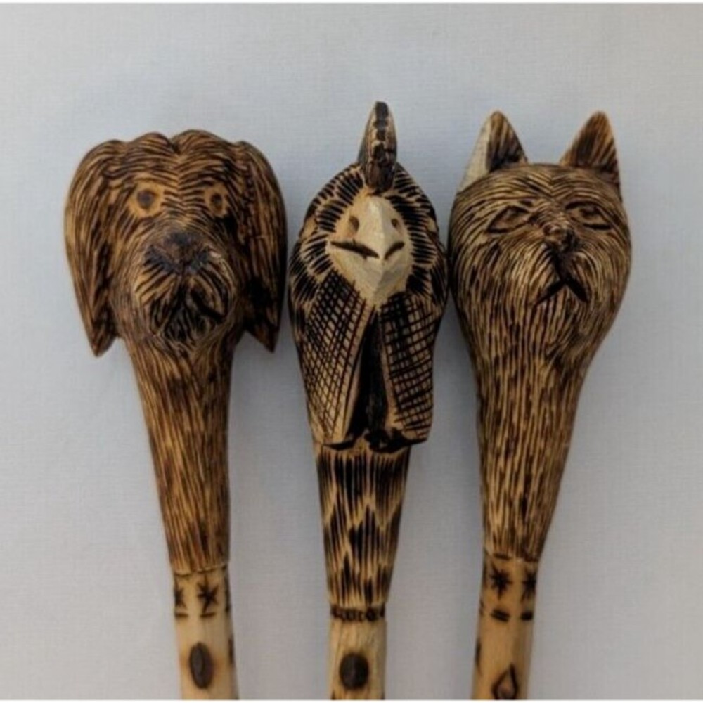 3 Rare Vintage Hand Carved Animal Head Pencils Artisan Woodburning Handcrafted